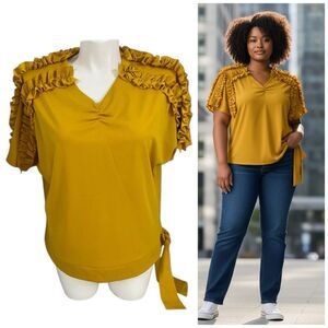 Double Heart Top Womens 2X Ruffle Yellow Shirt Work Office Blouse Cottage